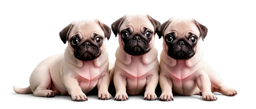 cute pug puppies, group of three, sitting, playful, curious, white background, soft fur, round faces, big eyes, pink noses, tiny legs, paws, casual posture, morning light, warm color tone, shallow dep