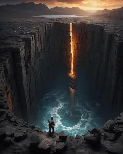 Embark on a perilous journey through the treacherous terrain of the hole stack.,door to hell,chasm,pillar of fire,heaven gate,lake of fire,hole in the wall,underground lake,fire and water,lava cave,bu