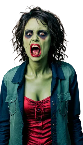 Undead zombies, horror scene, green skin, bloody wounds, torn clothes, messy hair, pale eyes, open mouth, screaming expression, loud eerie sounds, dark ambient lighting, cinematic composition, close-u