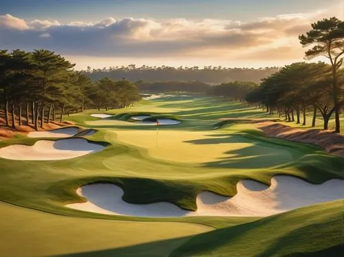 Golf course, green grass, rolling hills, sand traps, water hazards, golfers in action, clubs in hand, caddies following, trees lining fairway, sunny day, few clouds, blue sky, detailed book covers, le