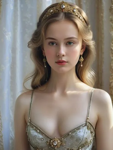 Create a convincing and bright, technically high-resolution photo portrait of a young Russian tsar's daughter.,a woman with a tiara on a curtain behind her head,pevensie,panabaker,margairaz,elizaveta,