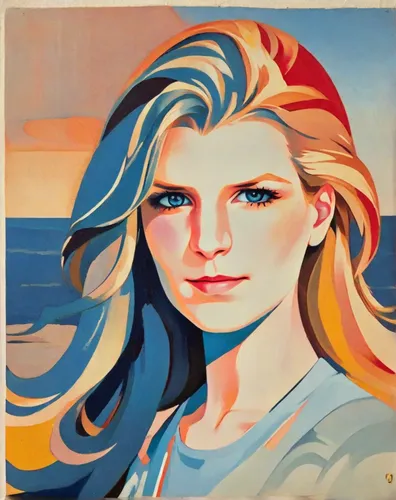 Portrait of a young woman with long flowing hair against the background of a sea sunset in sunny weather. Face in 3/4 position. Made in the style of rich oil painting.,girl-in-pop-art,popart,pop art w