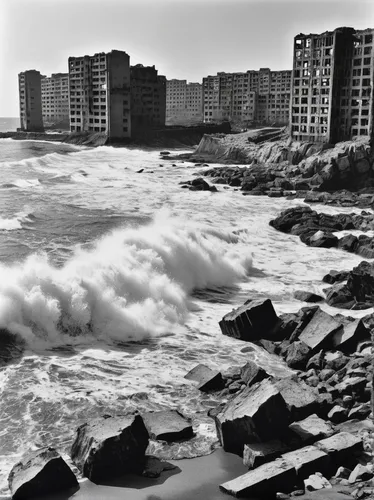 Describe a peaceful day at the beach on Hashima Island, with the waves crashing against the abandoned buildings.,antofagasta,storm surge,heart of love river in kaohsiung,gufufoss,maroubra,hashima,shor