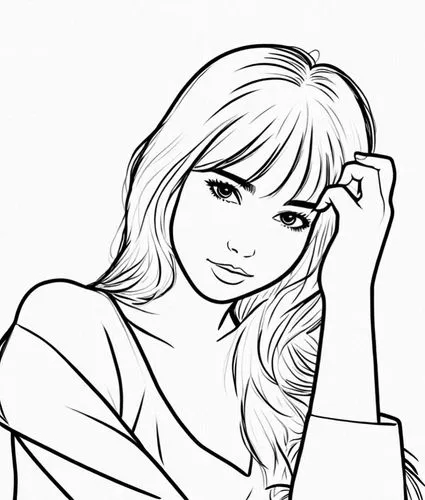 女生，白色衬衫，黑白，线稿，线条艺术,a woman with long hair, black and white coloring pages,lineart,eyes line art,coloring pages,mono-line line art,coloring page,valentine line art,Design Sketch,Design Sketch,Rough Out