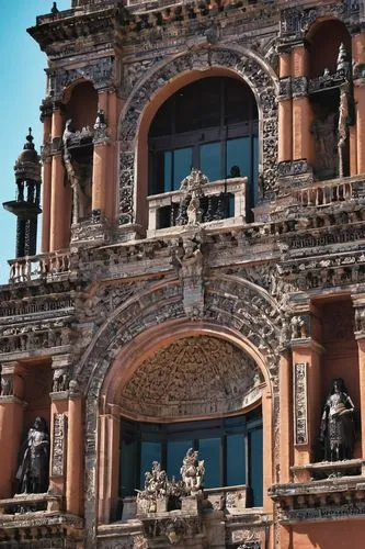 Ancient Mesoamerican-inspired architecture, Mexico City tour, vibrant colorful buildings, intricate stone carvings, ornate facades, grandiose entrance, Baroque-style decorations, Aztec patterns, histo