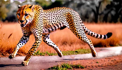 Cheetah, wild animal, yellowish-brown fur, black spots, slender body, long legs, sharp claws, running posture, dynamic movement, golden eyes, wind-blown hair, savannah background implied, warm sunligh