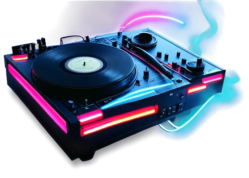 Vinyl record, DJ console, headphones, microphone, musical notes, sound waves, mixing board, speaker system, neon lights, dim studio, atmospheric smoke, shallow depth of field, low-key lighting, 3/4 co