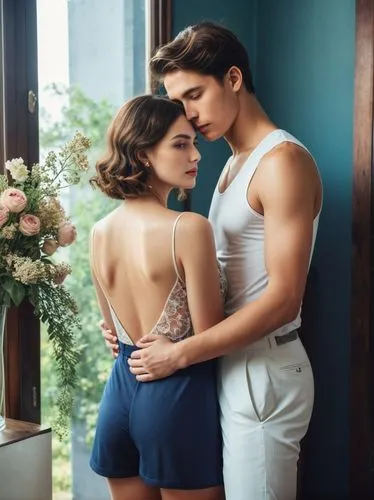 Create an elegant couple in love that will show off your best work.,an image of a man hugging a woman while standing near a window,perina,aristeidis,argentinian tango,aristeion,aristeas,lucaya,Photogr