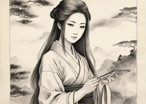 oriental longhair,geisha girl,geisha,oriental princess,chinese art,yi sun sin,japanese woman,oriental painting,wuchang,mulan,oriental girl,baozi,hanbok,japanese art,hwachae,asian woman,plum blossom,tea ceremony,plum blossoms,junshan yinzhen,Illustration,Paper based,Paper Based 30