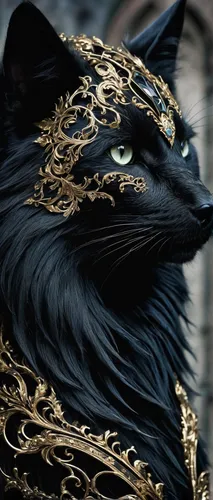 canis panther,black shepherd,chinese pastoral cat,black cat,black and gold,panther,king of the ravens,masquerade,black dragon,regal,imperial coat,black raven,head of panther,feline,kitsune,gold leaf,vestment,heraldic animal,lacquer,the cat,Illustration,Realistic Fantasy,Realistic Fantasy 46