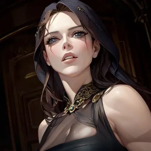 a woman in black with large  and blue eyes,liliana,morgana,amuria,kahlan,nyx,leblanc