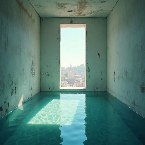 Interior de un edificio solo con cuatro paredes y el hueco de una puerta, no hay techo, se ve el cielo, entra la luz del sol, el suelo es de agua como si fuera una piscina, no se ve el fondo, el agua 