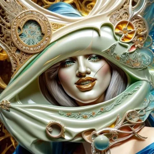 the carnival of venice,venetian mask,art nouveau,art nouveau frames,beautiful bonnet,art nouveau frame,baroque angel,paper art,fantasy art,fantasy portrait,art deco woman,decorative figure,glass painting,botticelli,mucha,baroque,masquerade,the hat of the woman,masque,art nouveau design