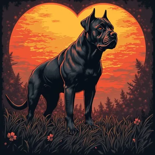 Cane Corso dog in retro sunset heart:: art nouveau, vector art, earth tones, abstract, synthwave:: t-shirt vector, center composition graphic design, transparent background, sf, intricate artwork mast