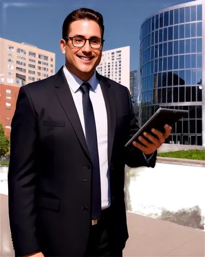 Trade pictures, businessman, 40yo, confident smile, black suit, white shirt, silver tie clip, brown hair, glasses, holding tablet, standing pose, urban background, modern architecture, morning sunligh