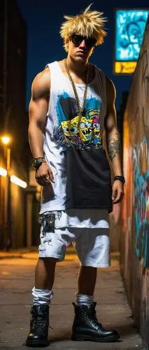 SpongeBob SquarePants, gangster outfit, gold chain, sunglasses, messy blonde hair, bold eyebrows, white tank top, baggy pants, black boots, confident posture, standing, urban cityscape, graffiti walls