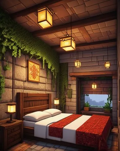 Cozy bedroom, Minecraft style, blocky texture, wooden planks, stone walls, glowing lanterns, comfy bed with crimson sheets, fluffy white pillows, wooden chest at foot of bed, open door revealing a sec