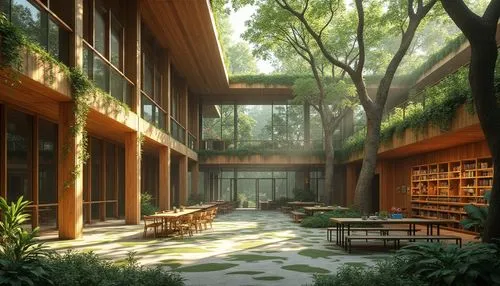 Modern youth center, wooden structure, glass facade, natural lighting, vines crawling up walls, trees surrounding building, forest-inspired interior design, wooden pillars, leaf-patterned carpet, gree