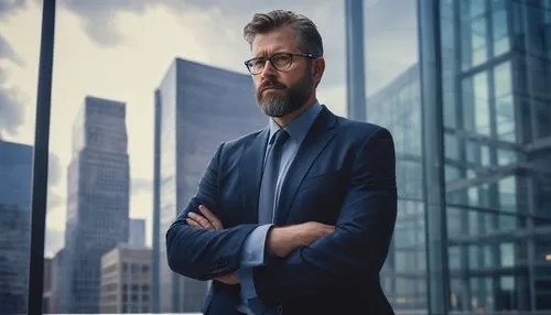 Middle-aged, male, architect, professional attire, glasses, short brown hair, beard, standing, confident pose, holding blueprints, pencil in hand, modern office building, glass walls, steel beams, urb