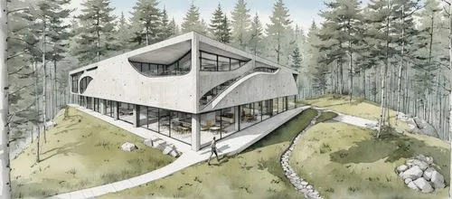 a drawing of a white house in the middle of a forest,house in the forest,house drawing,mountain hut,inverted cottage,timber house,forest house,Unique,Design,Blueprint