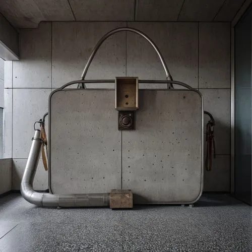 Brutalist Interior Design,a piece of metal on a concrete floor,volkswagen bag,old suitcase,leather suitcase,suitcase,luggage,delvaux,Photography,General,Realistic