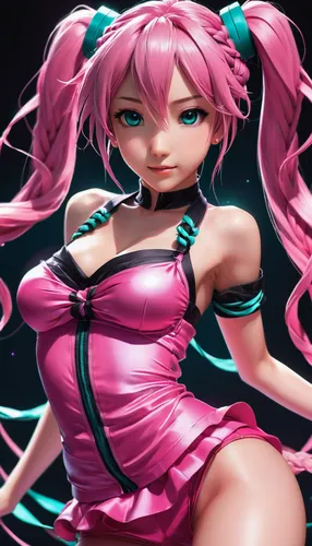 Hatsune Miku dancing, open shoulders, pink top, beautiful belly, beautiful hair braided in small braids, pink outfit, black background,vocaloid,hatsune miku,kotobukiya,luka,anime 3d,3d figure,magenta,