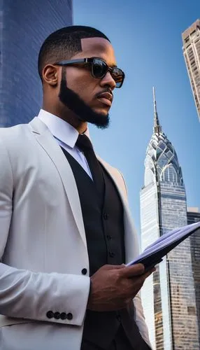 Jerel McCants, modern futuristic architect, standing, confident pose, formal wear, black suit, white shirt, black tie, glasses, short hair, facial stubble, holding blueprints, pen in hand, cityscape b