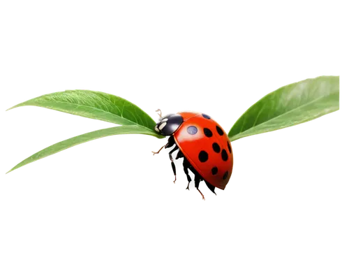 Ladybug, red shell, black spots, delicate wings, tiny legs, antennae, green leaves background, solo, close-up, detailed texture, shiny surface, warm lighting, soft focus, 3/4 composition, circular fra