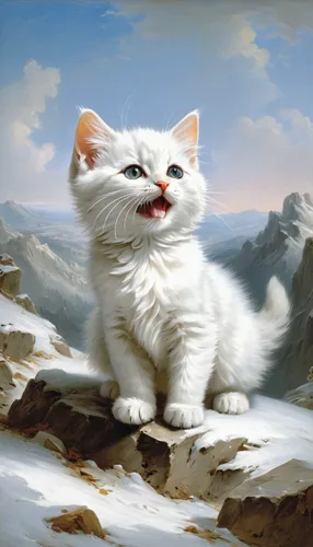 Imagine a sneezing nose of a mischievous white kitten exploring a snowy mountain landscape.,american curl,white cat,himalayan,aegean cat,napoleon cat,mountain scene,cat portrait,snow mountain,cat,turk