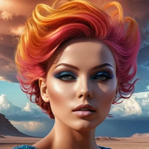 artificial hair integrations,pixie-bob,girl on the dune,fantasy portrait,pompadour,mohawk hairstyle,bouffant,airbrushed,hair coloring,transistor,photoshop manipulation,fantasy woman,fantasy art,havana