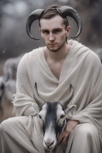 Man,a man is wearing horns and robes, and sits on top of a sheep,koufos,ibexes,anglo-nubian goat,goatflower,stauskas,male sheep,Photography,Realistic