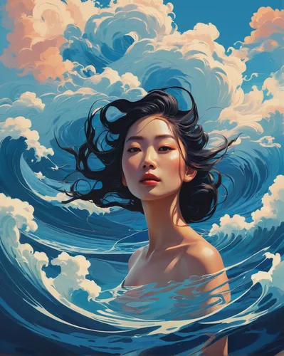 a woman standing in the water, by Li Song, digital art, harmony of swirly clouds, style of kilian Eng, cover photo portrait of du juan, trending at cgstation, waves, under blue clouds, finely illustra