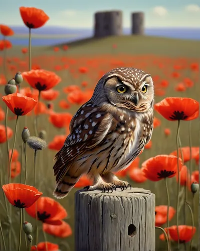 Little owl (Athena noctua) perched on a post amongst poppys, England,owl art,little owl,owl nature,sparrow owl,owl background,owl,owlet,small owl,world digital painting,short eared owl,burrowing owl,o