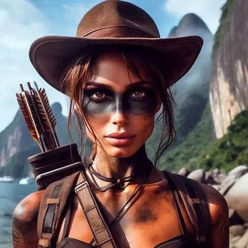 lara,huntress,female warrior,natural cosmetic,warrior woman,leather hat,sexy woman,aborigine,croft,massively multiplayer online role-playing game,buckskin,polynesian,cave girl,broncefigur,femme fatale