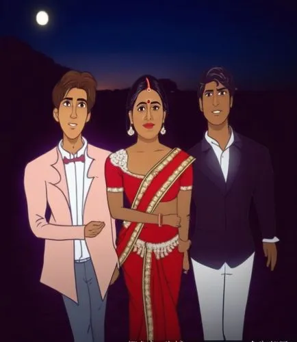 Young Clean Shaven Englishman Ashley Wilson with Renuka Chouhan as Amrita Kumaran and Young and charming Neel Kamal standing in the night,baaja,bollywood,poornima,dulhania,rajasthan,baazigar,diwali,di