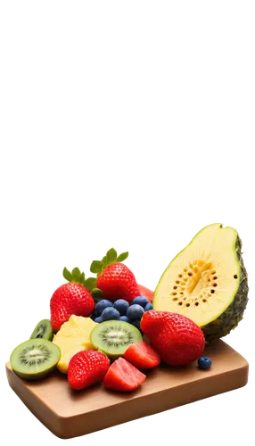 Beautiful fruit, colorful arrangement, still life, ripe strawberries, blueberries, grapes, sliced watermelon, pineapple chunks, kiwi halves, citrus fruits, wooden cutting board, morning sunlight, shal