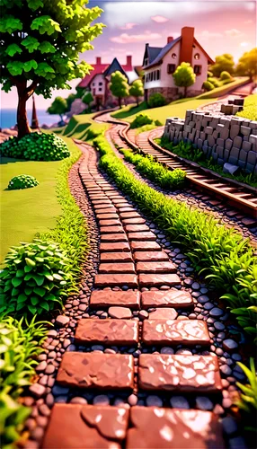 wooden railway,pathway,cobblestoned,cartoon video game background,railroad trail,old tracks,wooden path,wooden track,cobblestone,branchline,country road,cobblestones,wooden train,paths,railway track,stone wall road,long road,tramroad,crossroad,the path,Unique,3D,Panoramic