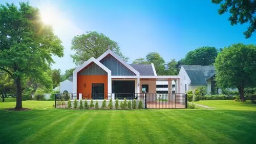 Add lawns and large trees on both sides and warm sunny tones with children running around playing.,inverted cottage,prefabricated buildings,houses clipart,summer cottage,small cabin,smart home,garden 