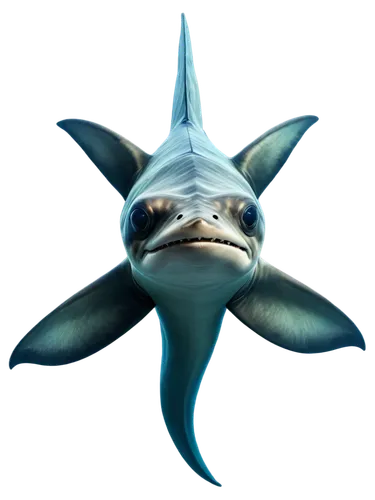 Hammerhead shark, front view, marine life, sharp teeth, wide-set eyes, grey-brown skin, vertical tail, powerful body, swimming pose, detailed scales, ocean-inspired blue-green color tone, high-contras