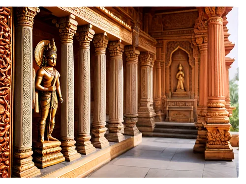 Hindu temple, Ram Mandir, Indian architecture, intricate carvings, ornate pillars, golden domes, vibrant colors, detailed sculptures, Lord Rama statue, auspicious symbols, morning sunlight, soft focus