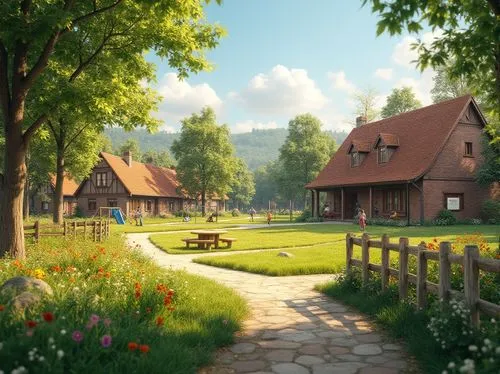 home landscape,summer cottage,country cottage,wooden houses,meadow landscape,little house,house in the forest,alpine village,cottage,countryside,sylvania,country house,wooden house,knight village,landscape background,village scene,rural landscape,farmstead,idyllic,cottages,Photography,General,Realistic