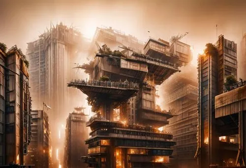 destroyed city,arcology,postapocalyptic,post-apocalyptic landscape,industrial landscape,industrialism