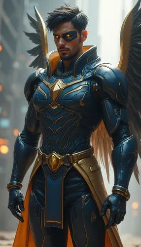 Full-body character design of a man with Egyptian features, hawk-like golden eyes, and short, dark hair. Wears a modern military uniform in shades of blue and gold, with wings that can manifest or ret