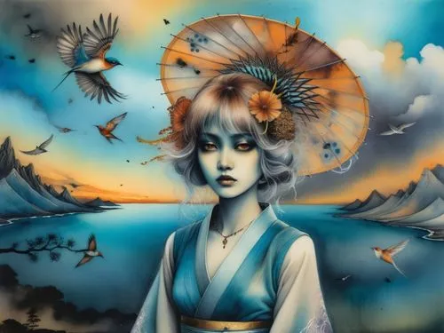 a painting of a woman with parasol and birds flying,geisha girl,oiran,japanese art,oriental painting,geisha,oriental princess,Illustration,Realistic Fantasy,Realistic Fantasy 34