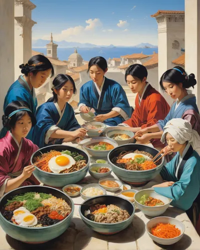 korean royal court cuisine,korean culture,korean cuisine,korean chinese cuisine,korean history,budae jjigae,jjigae,bibimbap,naengmyeon,feast noodles,soup kitchen,sundubu jjigae,korean,oriental painting,kimchi jjigae,hanok,asian soups,kaeng som,korean food,eastern food,Art,Classical Oil Painting,Classical Oil Painting 40