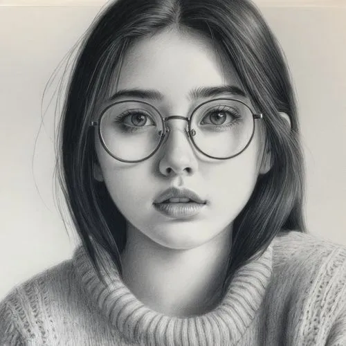 女孩，眼镜，毛衣，黑色长发,a girl in glasses and sweater stares directly ahead,girl portrait,girl drawing,pencil drawing,pencil art,graphite,pencil drawings,silver framed glasses,charcoal pencil,nabiullina,oval fr