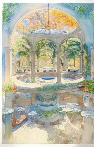 pergola,orangery,watercolor cafe,winter garden,conservatory,garden of the fountain,rotunda,patio,lilly pond,courtyard,floor fountain,fountain pond,inside courtyard,thermal bath,watercolor tea shop,hot