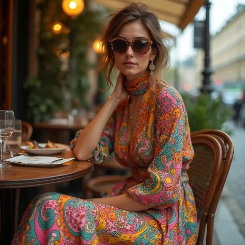 
A woman sitting in a Parisian cafe, casually elegant, surrounded by the beauty of her surroundings.,a woman in a colorful dress sitting at a table,caftan,caftans,kaftan,paris cafe,kaftans,parisienne