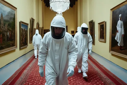 protective suit,beekeepers,hazmat suit,quarantine,protective clothing,self-quarantine,mummies,beekeeper,white room,the pandemic,contamination,money heist,beekeeping,pathogens,biohazard,hallway,white figures,asbestos,pesticide,corridor,Photography,General,Realistic