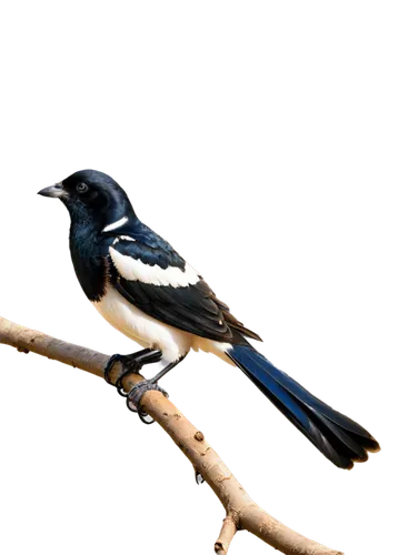 magpie bird, black and white feathers, slender body, long tail, sharp beak, bright eyes, perched on branch, morning sunlight, shallow depth of field, warm color tone, cinematic lighting, 3/4 compositi